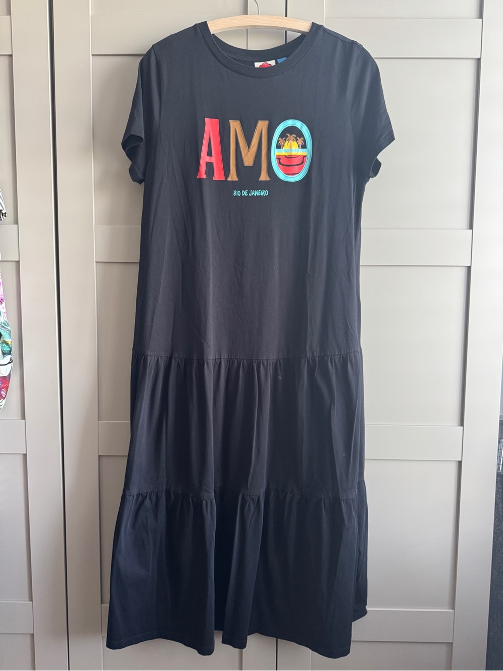 AMO Farm Rio De Janeiro Black T-Shirt Long Tiered Dress LARGE Cotton Maxi